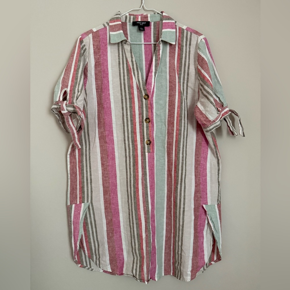 Nine West Pink Striped Button-Up Chambray Tunic with Tie Sleeves